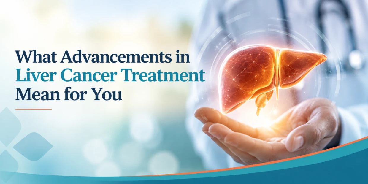 Healthcare professional using a liver model to explain advanced liver cancer treatment options during a patient consultation